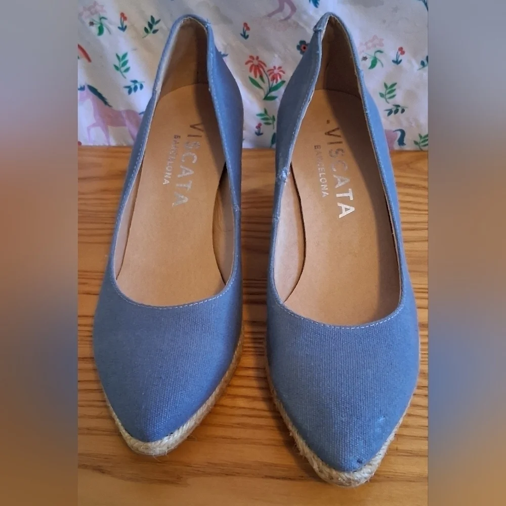 Viscata Blue Canvas Casual Neutral Everyday Espedrille Wedge Shoe SZ 8 38EU